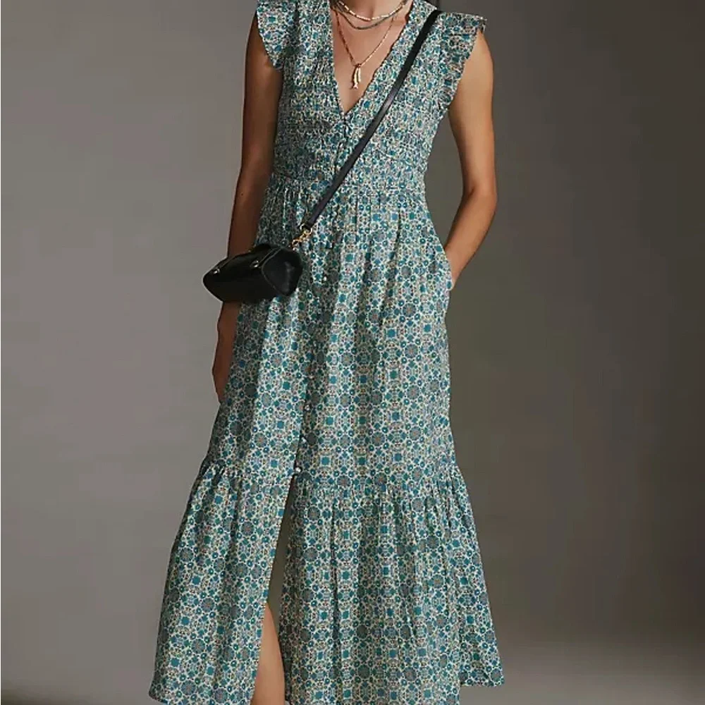 Anthropologie Floral V-Neck Midi Dress size Med - Picture 1 of 11